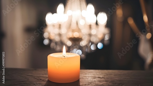 Candle with Soft Orange Flame and Bokeh from Chandelier