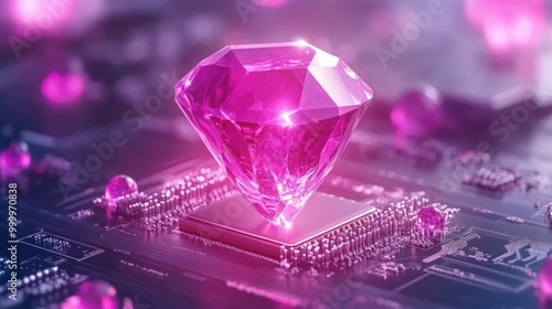 Futuristic pink diamond embedded in circuit board: fusion of technology and luxury