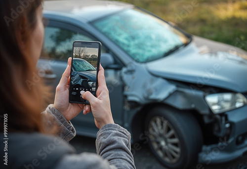 A damaged car with a cracked windshield and dented body, being photographed on a smartphone
