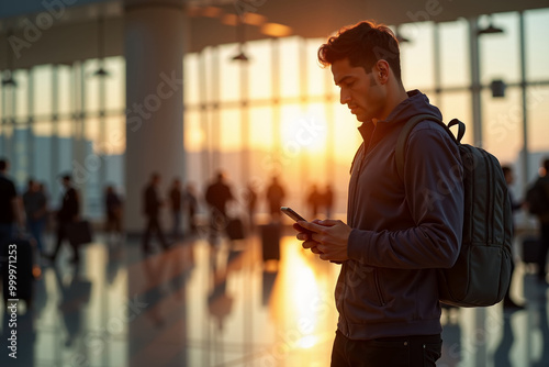 person traveler using mobile phone at the airport terminal, generative AI