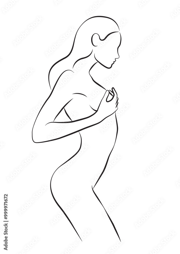 Fototapeta premium Isolated line art vector illustration of a beautiful woman, faceless portrait, simple minimalist illustration, female body contour, logo