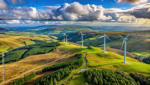 High angle view of wind turbines on Mynydd y Betws mountain in South Wales, UK photo