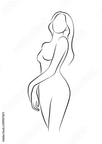 Isolated line art vector illustration of a beautiful woman, faceless portrait, simple minimalist illustration,  female body contour, logo