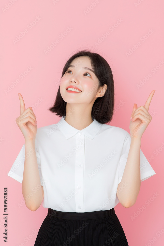 Photo of an Asian woman in a shirt standing smiling and looking at something around her. She makes a hand gesture to express her feelings, against a pink background.