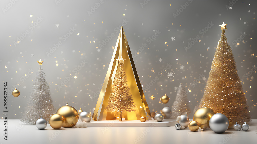 3D rendering of a modern Christmas scene with a sleek, minimalist design. 3D rendering of a modern Christmas scene with a sleek, minimalist design.