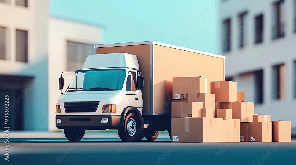 Truck full of moving cardboard boxes and accessories for relocation and new home. Parcel delivery Truck full of moving cardboard boxes and accessories for relocation and new home. Parcel delivery