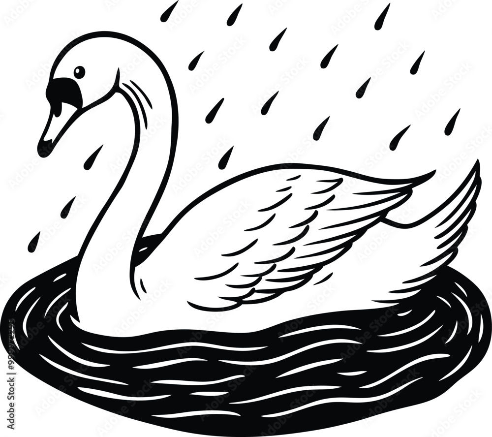 Fototapeta premium A Swan Gliding Through Soft Rain with Vector Elegance 