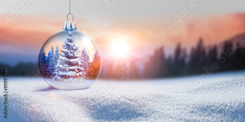 Weihnachtskugel aus Glas vor verschneiter Landschaft im Hintergrund