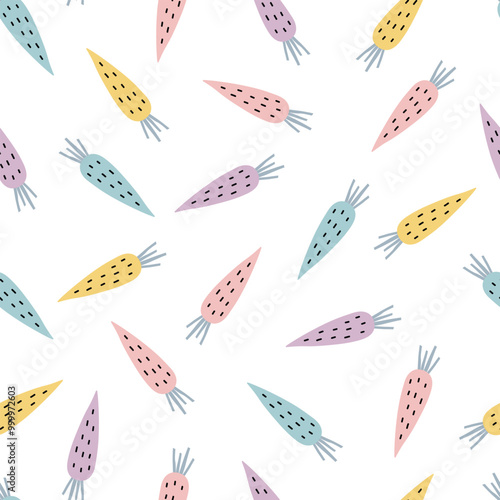 Colorful, whimsical carrots scattered on a white background, featuring pastel shades and playful designs.
