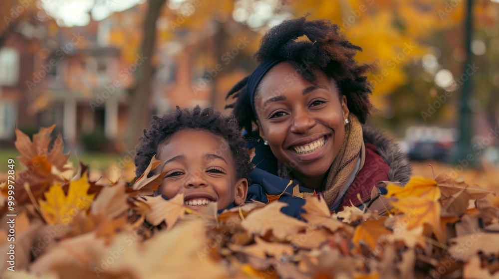 Mother and her child laughing as they jump into a big pile of colorful autumn leaves in their yard , family having fun celebrating the start of fall season Mother and her child laughing as they jump into a big pile of colorful autumn leaves in their yard , family having fun celebrating the start of fall season