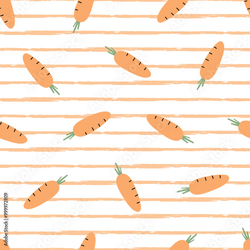 A playful pattern of orange carrots on a light striped background, creating a cheerful and fresh design.