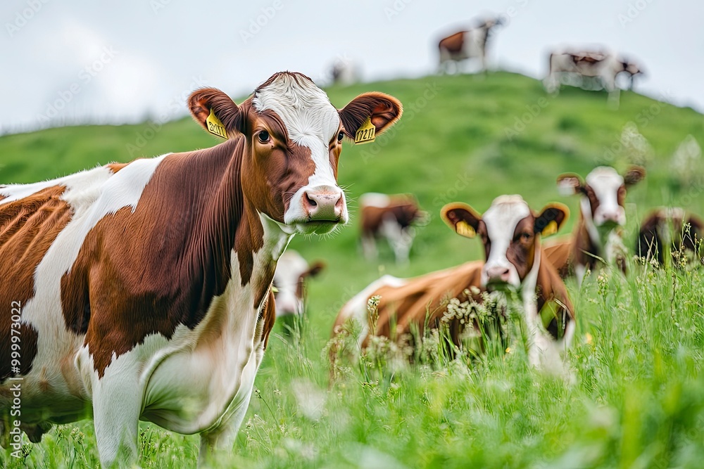 Cows are grazing on a meadow. Cattle cow pasture in a green field. Dairy cattle at pasture on hill in rural. Cattle Breed pasture on grass field. Cow is looking at camera. generative ai Cows are grazing on a meadow. Cattle cow pasture in a green field. Dairy cattle at pasture on hill in rural. Cattle Breed pasture on grass field. Cow is looking at camera. generative ai