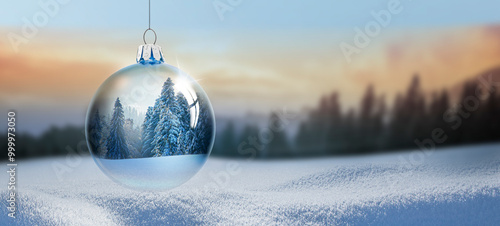 Weihnachtskugel aus Glas vor verschneiter Landschaft im Hintergrund