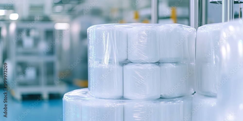 A stack of plastic-wrapped rolls sits in a clean, industrial setting, showcasing products ready for distribution in a manufacturing facility. A stack of plastic-wrapped rolls sits in a clean, industrial setting, showcasing products ready for distribution in a manufacturing facility.