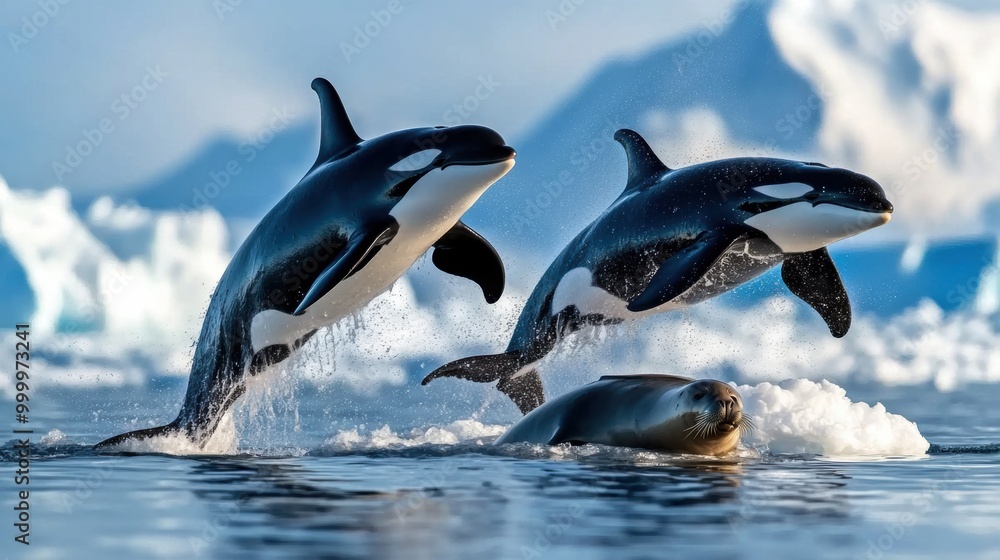 Obraz premium Playful Orcas and Seal in Arctic Waters