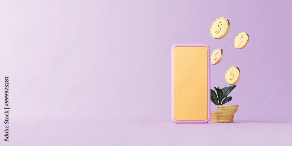 A vibrant illustration featuring a smartphone, coins, and a plant against a soft purple background, symbolizing finance and technology. A vibrant illustration featuring a smartphone, coins, and a plant against a soft purple background, symbolizing finance and technology.