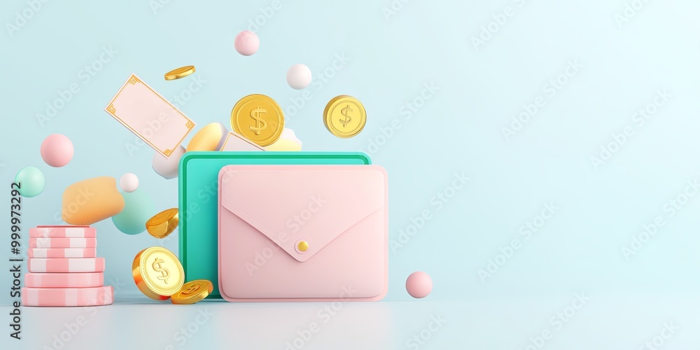 A colorful scene showcasing a pink wallet and a teal wallet surrounded by coins, tokens, and playful pastel elements on a light blue background. A colorful scene showcasing a pink wallet and a teal wallet surrounded by coins, tokens, and playful pastel elements on a light blue background.