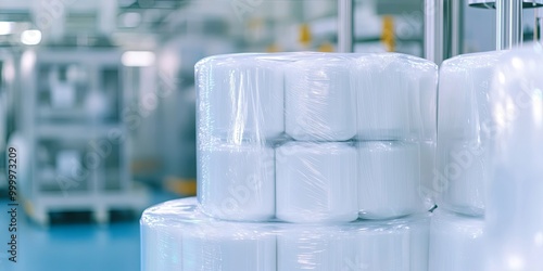 A stack of plastic-wrapped rolls sits in a clean, industrial setting, showcasing products ready for distribution in a manufacturing facility.