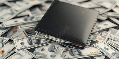 A black wallet sits atop a ...