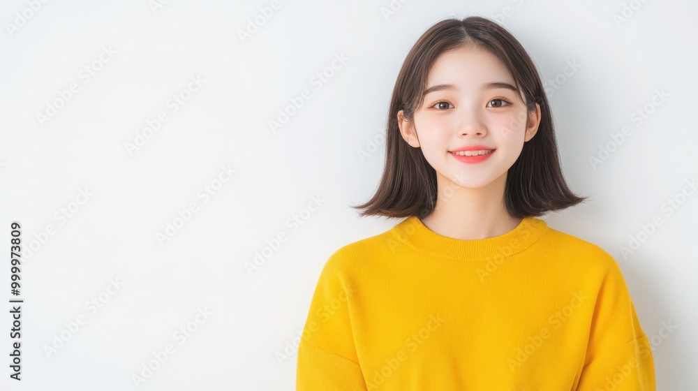 Photo of an Asian girl wearing a yellow shirt on a white background, making her look happy, smiling and younger. Photo of an Asian girl wearing a yellow shirt on a white background, making her look happy, smiling and younger.