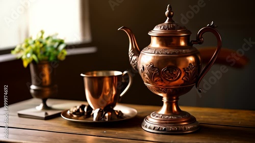  Elegant copper tea set ready for a cozy afternoon photo