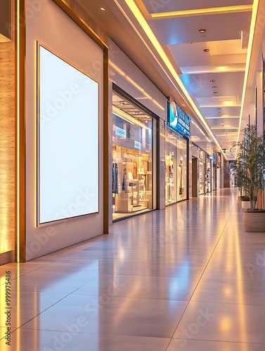 A blank white billboard mockup inside a modern shopping mall, with sleek architectural elements and bright lighting.