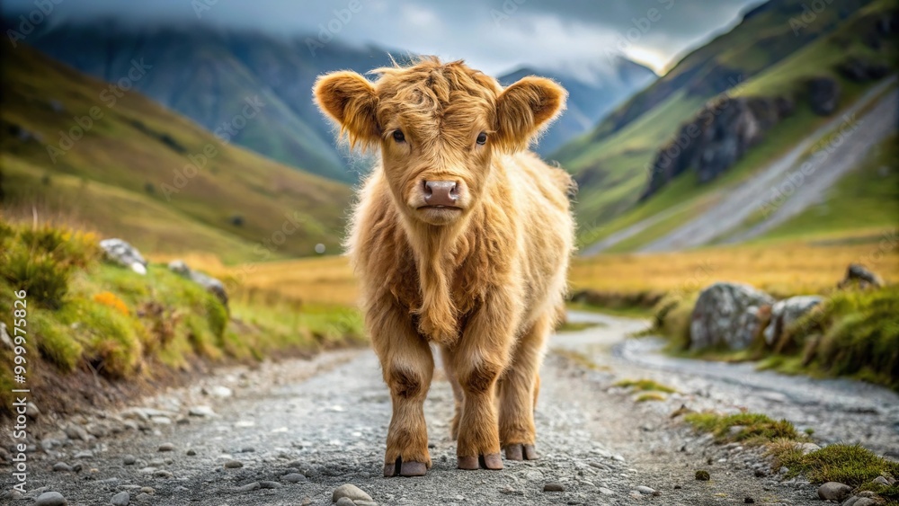Fototapeta premium Highland calf standing on trail with mountain grass in background
