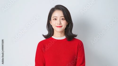 Photo of Asian woman wearing red shirt, on white background.