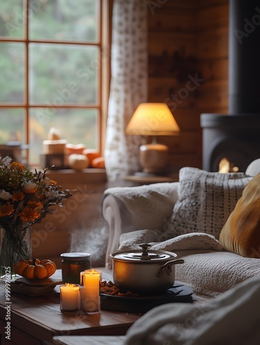 Cozy living room with a fireplace, candles, and a pot of steaming soup on a coffee table.