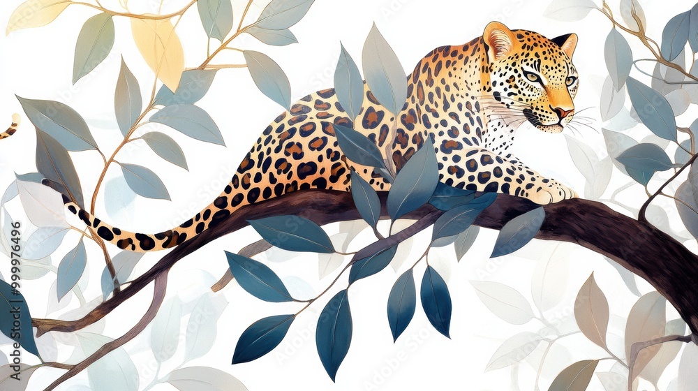 Obraz premium Elegant Leopard Among Leaves on a Branch