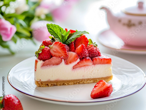 A slice of strawberry cheesecake on a white plate, with fresh strawberries and a clean background. 