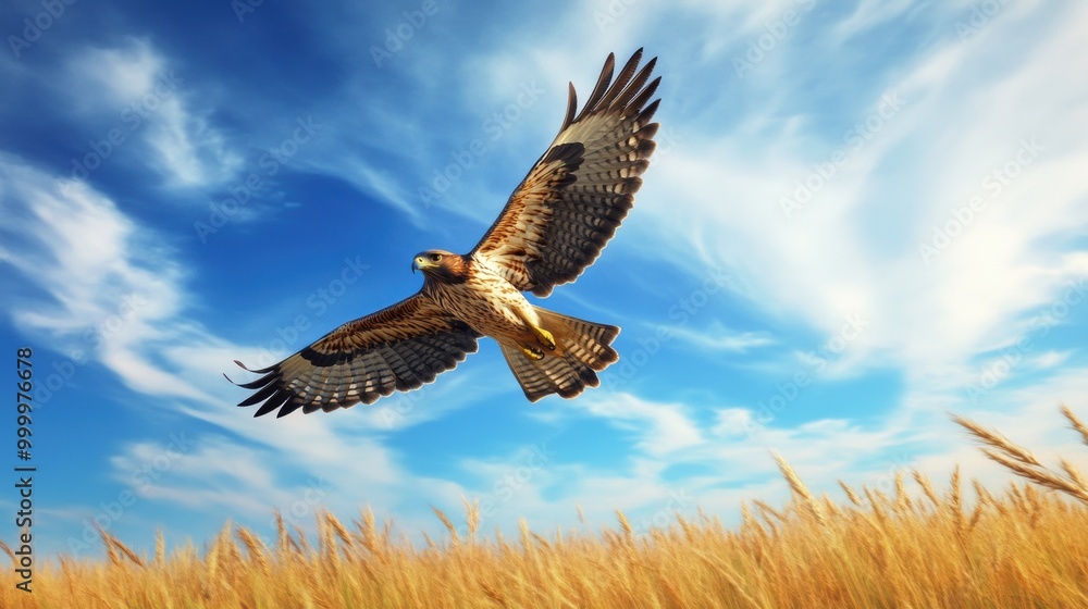 Fototapeta premium Majestic Hawk in Flight Over Golden Wheat Field