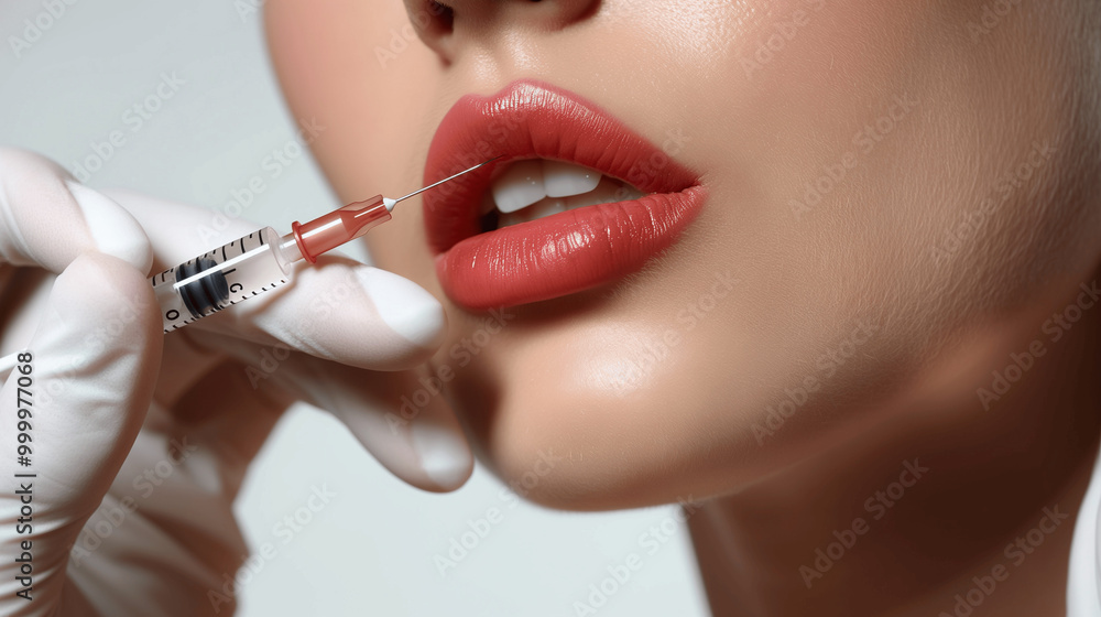 Close-up of woman receiving lip injection with glossy lips and syringe Close-up of woman receiving lip injection with glossy lips and syringe