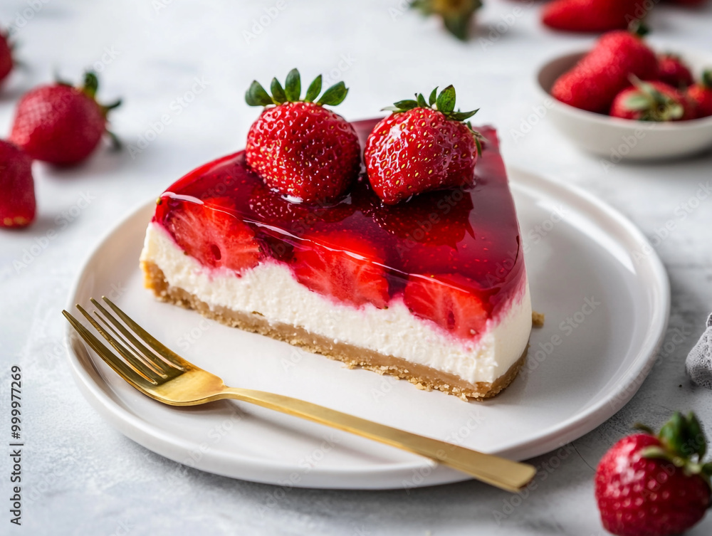 A slice of strawberry cheesecake on a white plate, with fresh strawberries and a clean background.
A slice of strawberry cheesecake on a white plate, with fresh strawberries and a clean background.