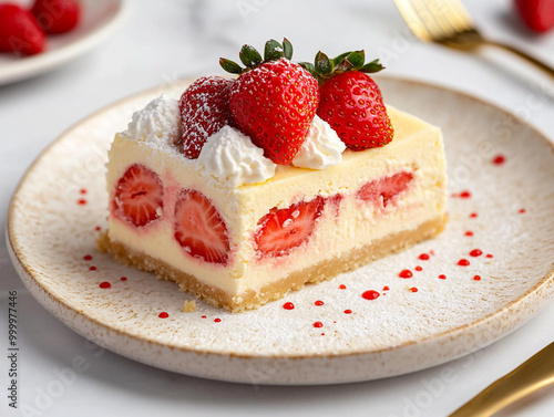 A slice of strawberry cheesecake on a white plate, with fresh strawberries and a clean background. 