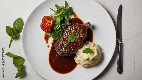 Wallpaper Mural Top view of roast beef spicy covered in demi-glace gravy with mashed potatoes on a plate Churrasco on copy space plate isolated on a white background
 Torontodigital.ca