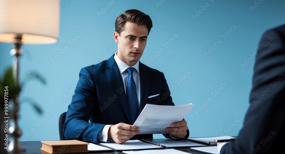 Serious young Caucasian lawyer in a suit reviewing documents against a light beige background Serious young Caucasian lawyer in a suit reviewing documents against a light beige background