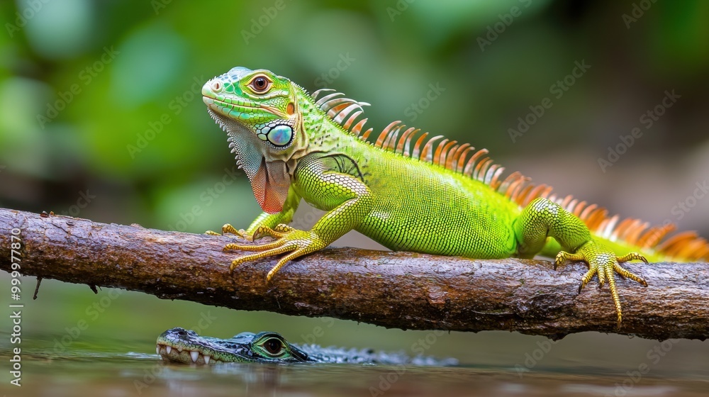 Vibrant Green Lizard on Branch by Water Surface Vibrant Green Lizard on Branch by Water Surface
