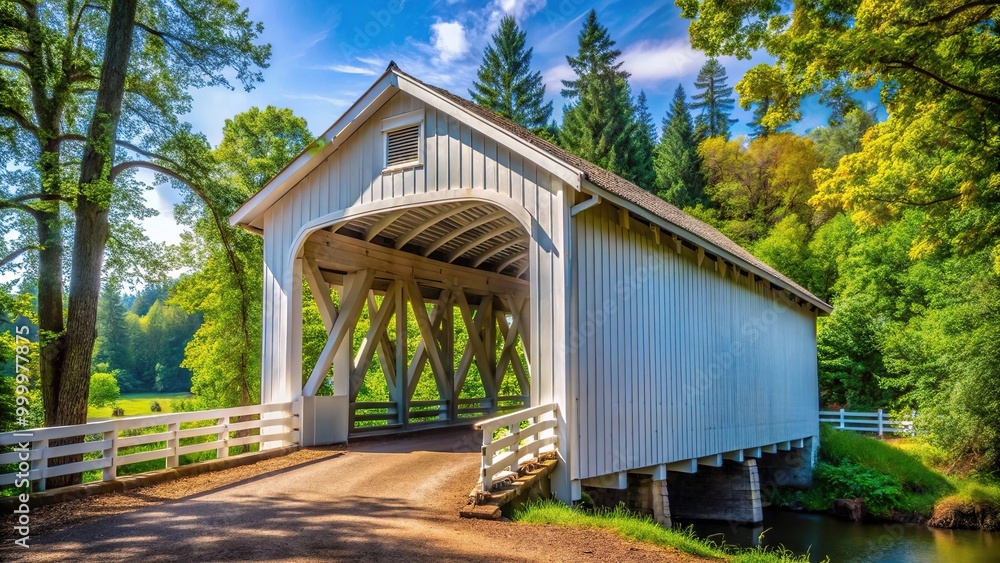 Historic covered bridge at a tilted angle in Cottage Grove, Oregon Historic covered bridge at a tilted angle in Cottage Grove, Oregon
