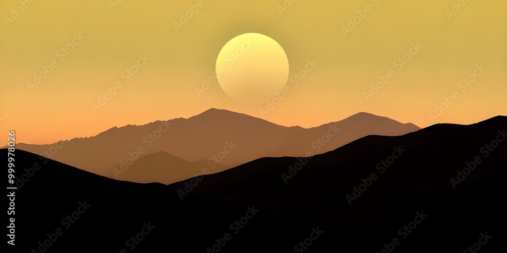 Silhouetted mountains against an orange and yellow sunset sky with a crescent moon Silhouetted mountains against an orange and yellow sunset sky with a crescent moon