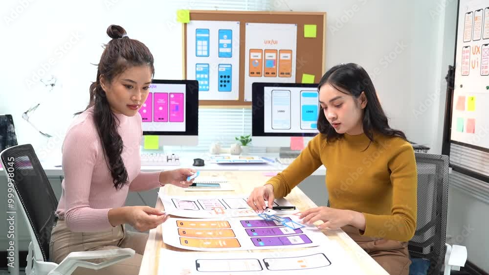 Two women working together in their office. They are creating the design of a mobile application, putting printed templates on a table Two women working together in their office. They are creating the design of a mobile application, putting printed templates on a table