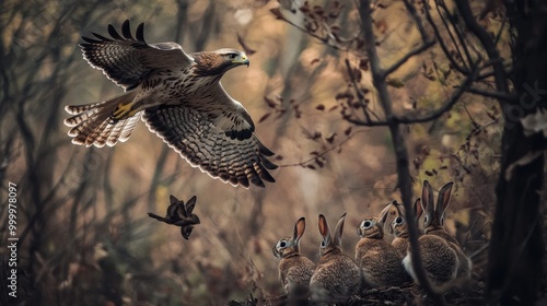 Majestic Hawk in Flight Above a Gathering of Rabbits