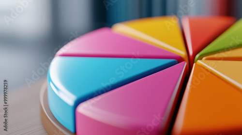 Colorful pie chart segments on a wooden table, representing data visualization and analytics in a vibrant and modern style. photo