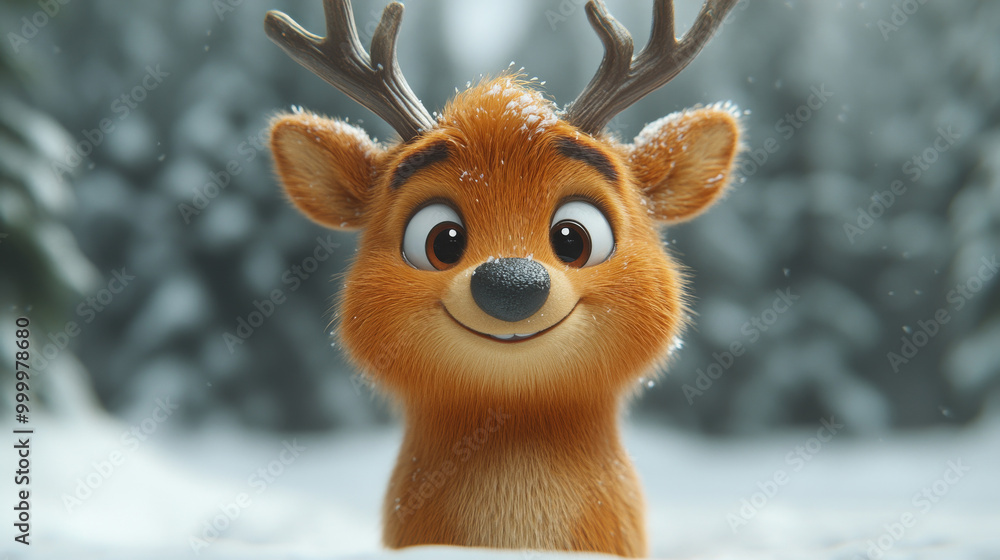 Cute cartoon deer with big eyes in a snowy forest Cute cartoon deer with big eyes in a snowy forest
