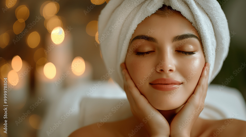 Relaxed woman with towel in a spa setting surrounded by candles Relaxed woman with towel in a spa setting surrounded by candles