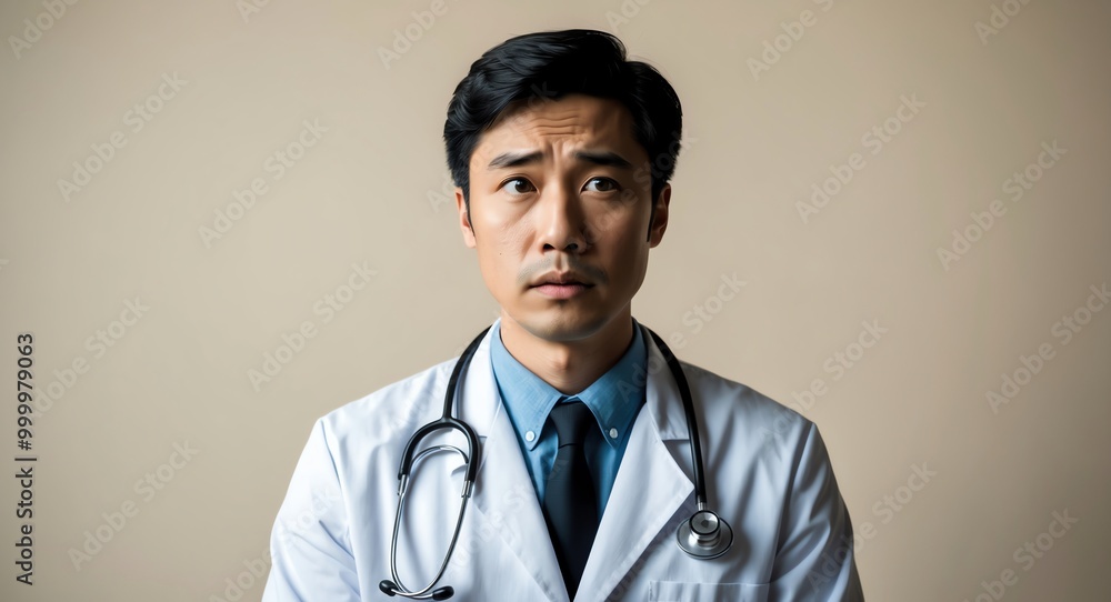 Worried young Asian doctor in a white coat looking concerned against a light beige background Worried young Asian doctor in a white coat looking concerned against a light beige background