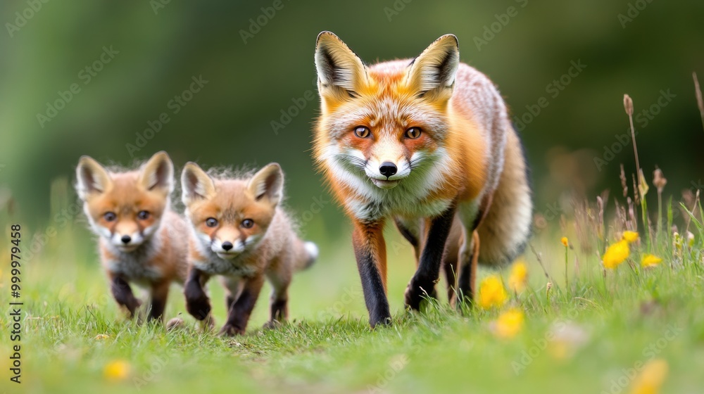Family of Red Foxes in a Sunny Meadow Family of Red Foxes in a Sunny Meadow