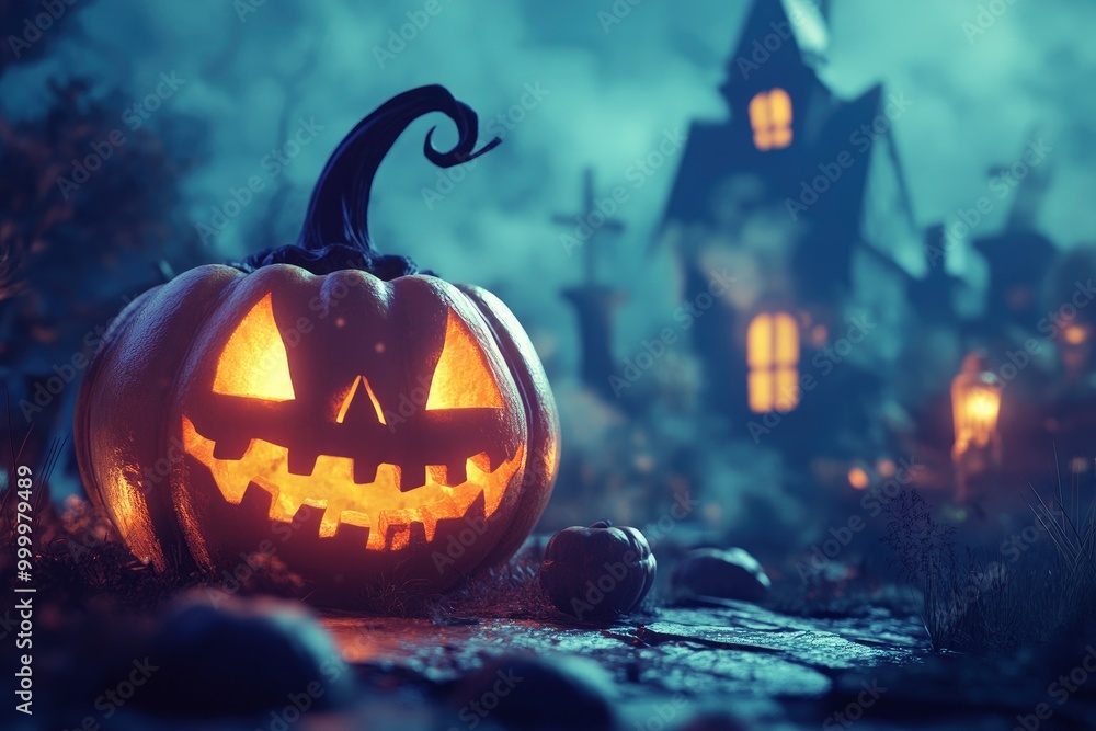 Halloween background with pumpkin in a spooky night. 3d illustration - generative ai Halloween background with pumpkin in a spooky night. 3d illustration - generative ai