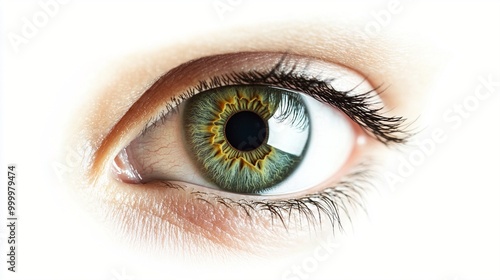 Mesmerizing close-up of a human eye with a striking green iris, golden sunflower-like pattern around the pupil, and delicate eyelashes on white background.