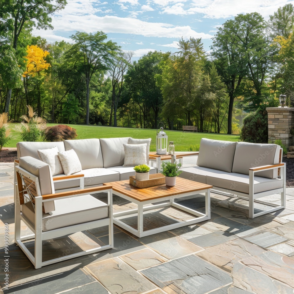 Obraz premium Modern Light Gray Beige Patio Set with Natural Wood and White Metal Frame